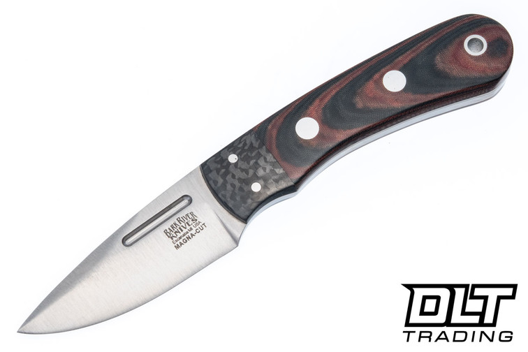 Blade Raid Essential MagnaCut Black & Red Linen Micarta - White Liners - Carbon Fiber Bolster