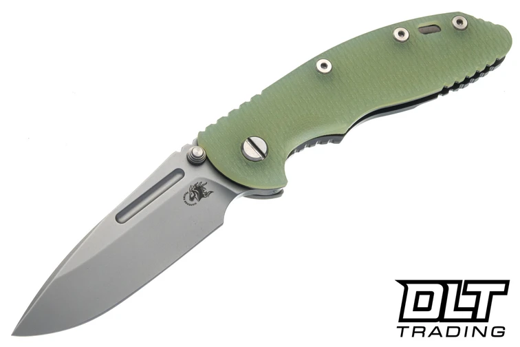 Hinderer 3.5" XM-18 Non Flipper Fullered Spear 20CV - Bead Blasted Titanium & Blade - Translucent Green G-10