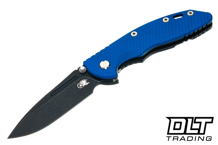 Hinderer 3.5" XM-18 Non Flipper Fullered Spear 20CV - Battle Black DLC Titanium & Blade - Blue G-10