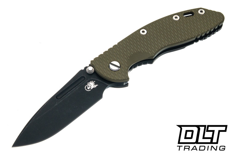 Hinderer 3.5" XM-18 Non Flipper Fullered Spear 20CV - Battle Black DLC Titanium & Blade - OD Green G-10