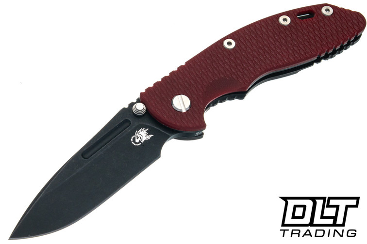 Hinderer 3.5" XM-18 Non Flipper Fullered Spear 20CV - Battle Black DLC Titanium & Blade - Red G-10