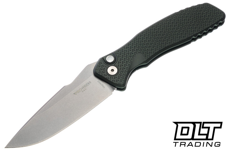 Pro-Tech Pallas Auto - Spartan Collab - Green Carbide Aluminum - Stonewash MagnaCut Blade - White Pearl Button