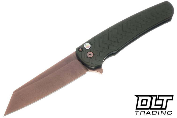 Pro-Tech Malibu - Green Thread Aluminum - Copper Rose PVD MagnaCut Blade - Black Lip Pearl Button