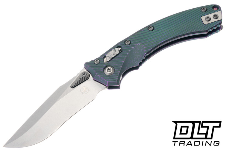 Microtech Amphibian Mini Ram-Lok - Nebula Green Fluted Titanium - Stonewash Blade - Purple Accents - Marfione Select - 137MRL-10FLMS17