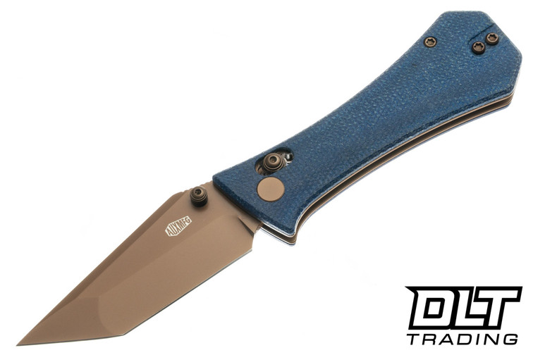 Auxiliary Manufacturing Deadhead Pocket Coffin Tanto Crossbar - Blue Micarta - Rose Gold PVD 14C28N Blade