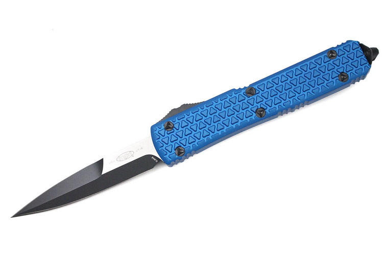 Microtech 120-1BL Ultratech Bayonet Grind - Tri-Grip - Blue Handle - Black & Satin Blade
