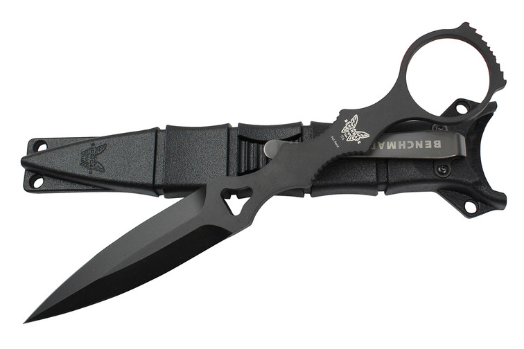 Benchmade 176BK SOCP fixed blade dagger knife in black with a black sheath.