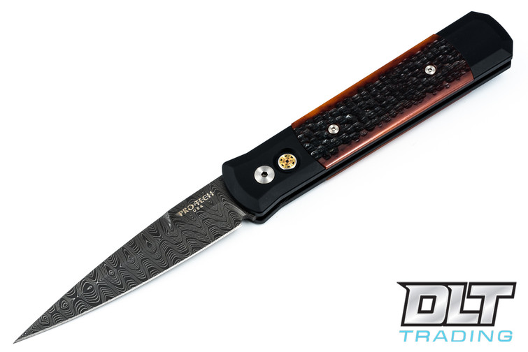 Pro-Tech Godfather - Black Handle - Amber Jigged Bone Inlay - Chad Nichols Damascus Blade