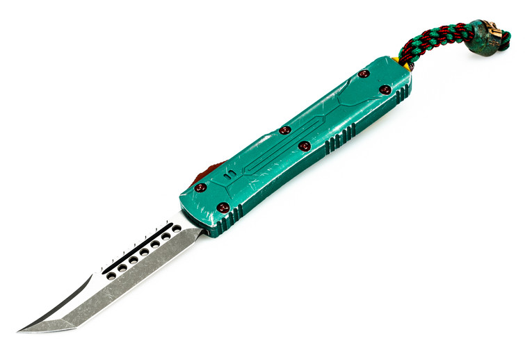 Microtech 119-10BHE Ultratech Hellhound Bounty Hunter - Green Handle - Contoured - Apocalyptic Stonewash Blade