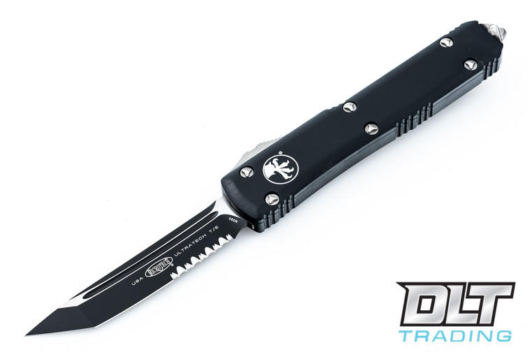 Microtech 123-2 Ultratech T/E - Black Handle - Contoured - Two-Tone Black Blade - Partial Serrations