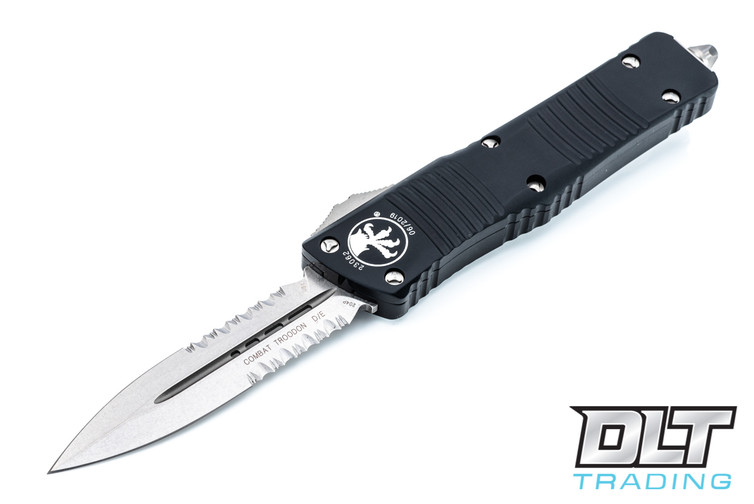 Microtech 142-11 Combat Troodon D/E - Black Handle  - Partial Serrations - Stonewashed Blade