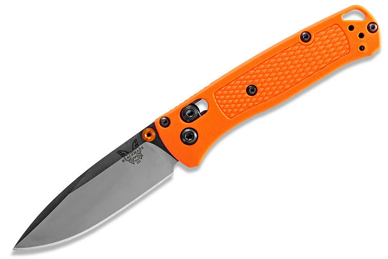 Benchmade 533 Mini Bugout with orange handles and satin blade.