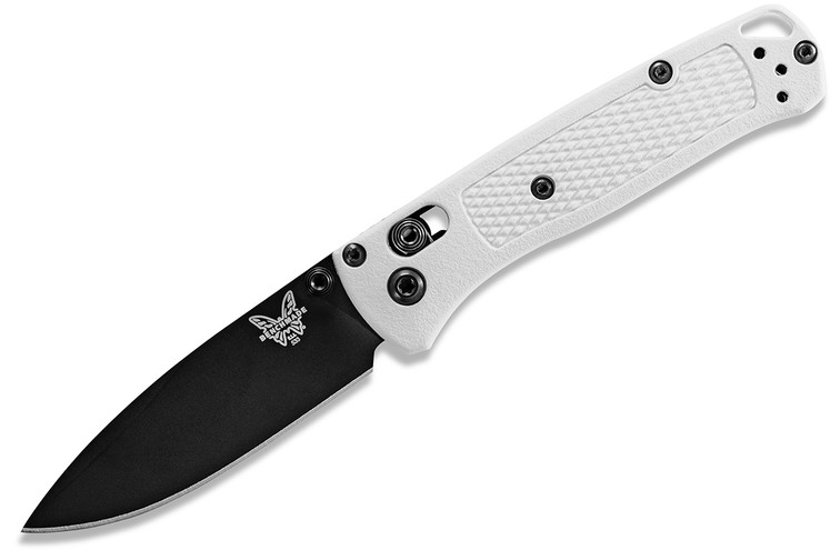 Benchmade Mini Bugout with black blade and white handles.