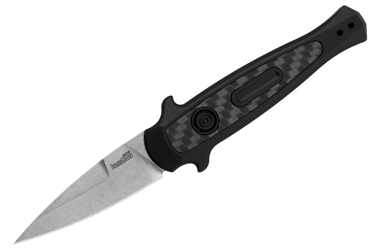 Kershaw Launch 12 7125 with 2.5" CPM-154 stonewash spear point blade, black aluminum handle, carbon fiber inlay, and push-button deployment. shown open.