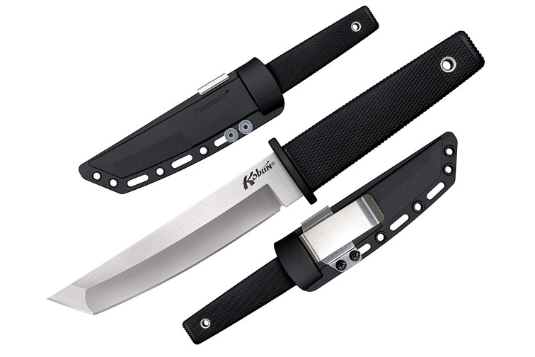 Cold Steel Kobun boot knife with a black handle, black sheath, and satin-tanto blade. 