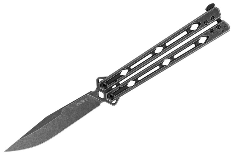 Kershaw Lucha 5150BW butterfly knife with 4.6" 14C28N blade, BlackWash finish, and stainless steel handles.