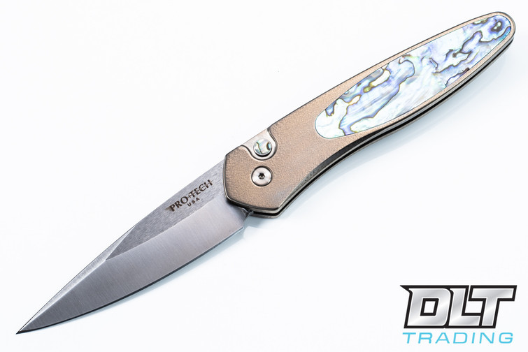 Pro-Tech Newport Custom - Bronze Orange Peel Handle - Abalone Inlay - Satin Blade #2