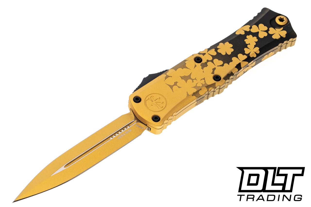 Microtech 1702M-1SPDGDS Mini Hera D/E - Gold & Black Clover Handle