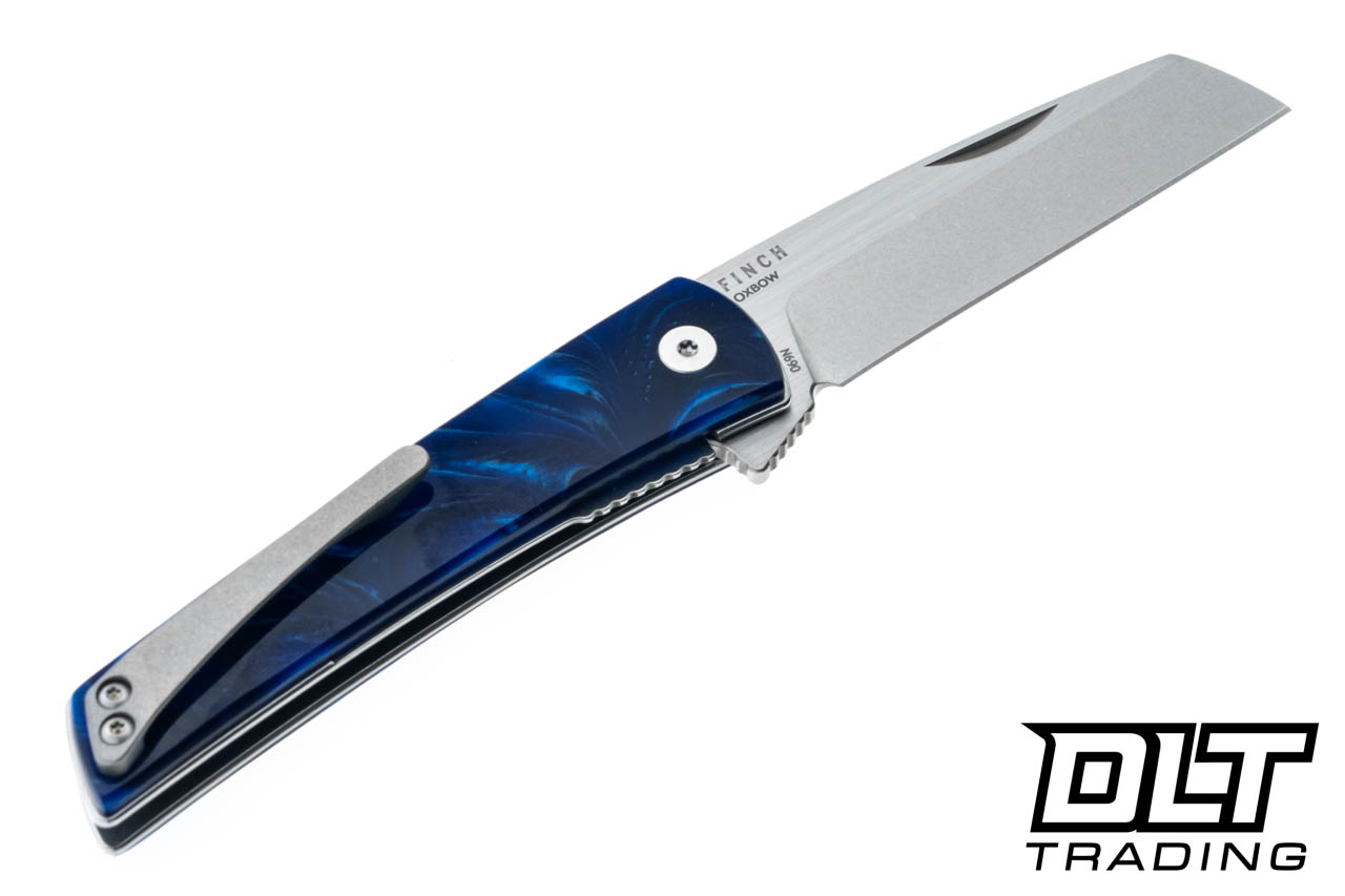 Finch Oxbow - Deep Blue Resin - Satin N690 Blade - DLT Trading Finch Oxbow - Deep Blue Resin - Satin N690 Blade - DLT Trading