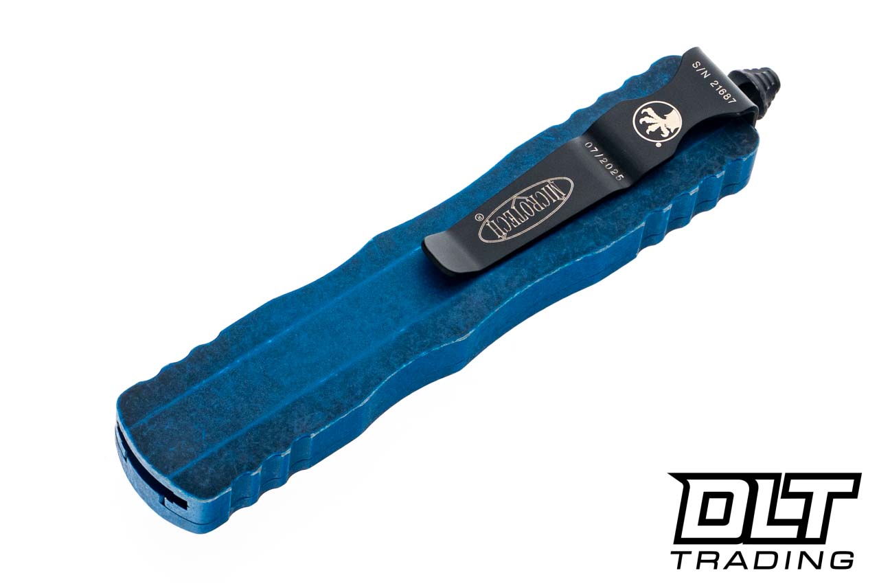 Microtech 225-1WBL Dirac D/E - Weathered Blue Handle - Black Blade