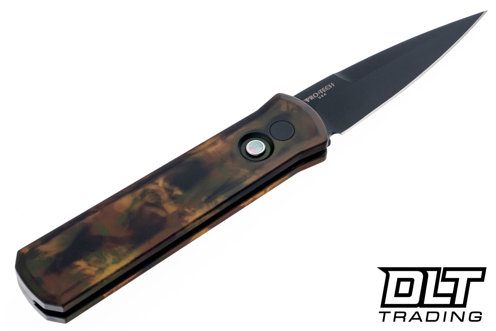 Pro-Tech Godson - Woodland Camo Handle - Black DLC 154CM Blade