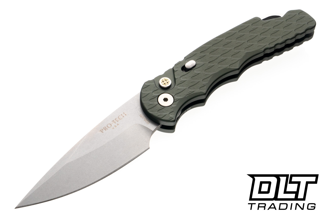 Pro-Tech TR-5 - Green Feather Textured Handle - Stonewashed Blade