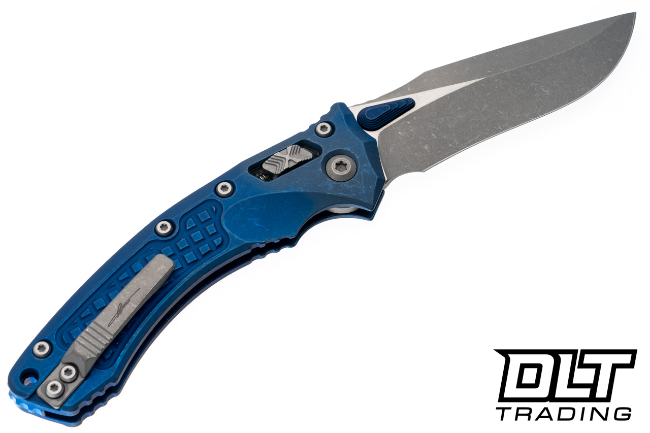 メタニウム リブレ GLADIATOR Anti フロッグマン Microtech Amphibian Ram-Lok - Antique Blue Titanium Frag Handle