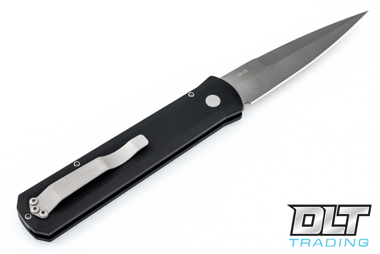 高品質 フローライト 天使の翼 手彫り ブラックスタンド付き Pro-Tech Godfather Black | Bead Blasted 154CM | Auto Button Lock