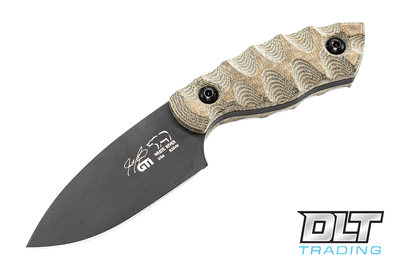 White River GTI 3 - Black & OD Linen Micarta - Leather Sheath 