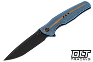 WE Knife 601X Blue Titanium - Gold Groove - Black Stonewashed 20CV Blade