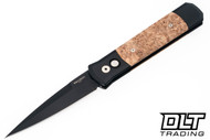 Pro-Tech Godfather knife with maple burl inlays on a black handle with a DLC blade