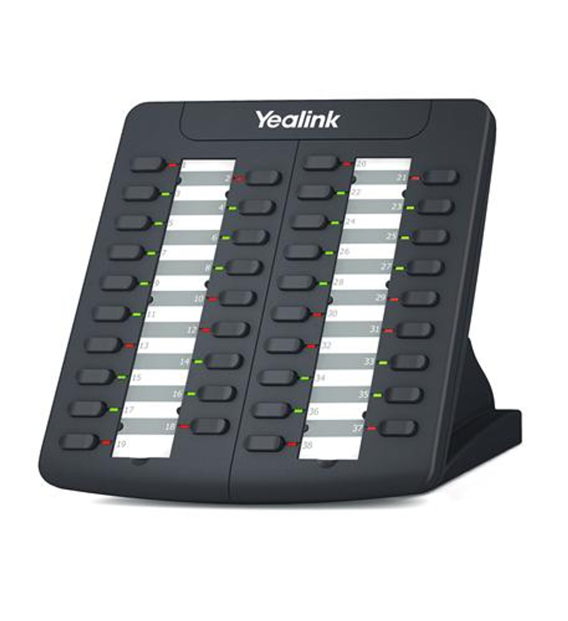 38 programmable keys each with a dual-color LED
Daisy-chain 6 modules for 228 programmable keys
Dual color (red or green) LEDs for line status information
Supports Busy Lamp Field(BLF), Bridge Line Appearance(BLA)
Programmable for speed dialing, call pickup, Intercom,hold, transfer, voicemail, forward, DND...
Applies to Yealink IP Phone SIP-T28P and SIP-T26P
Expansion module(<2) is powered by the host phone