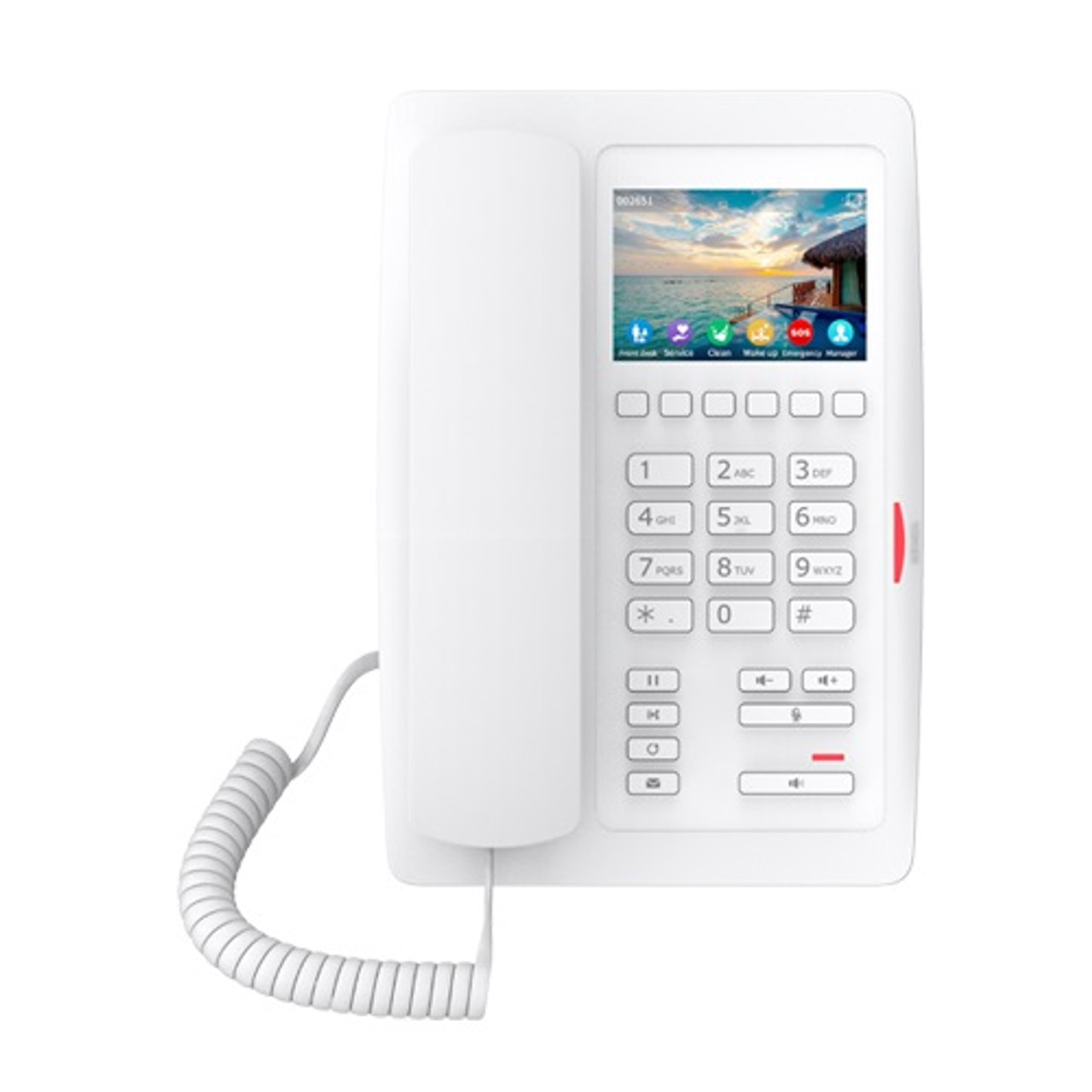 Fanvil H5W White WiFi IP Phone
As a WiFi IP phone with HD audio, Fanvil H5W can deliver you a smoother communication experience with HD audio and no cabling troubles. Fanvil H5W supports H.264 video decoding to help owners to view the video image before opening the door. More than a hotel IP phone, it is also suitable for the supermarket, hospital, shopping mall, etc.


Fanvil H5W Hotel IP Phone Features:
Black and White
Built-in 2.4G WiFi
Support H.264 Video Decoding
3.5-inch Color Screen
HD Audio with G.722 and Opus
2 SIP Lines
1 USB Port for Phone Charging
6 Programmable Keys for Speed Dial Functions
Support PoE