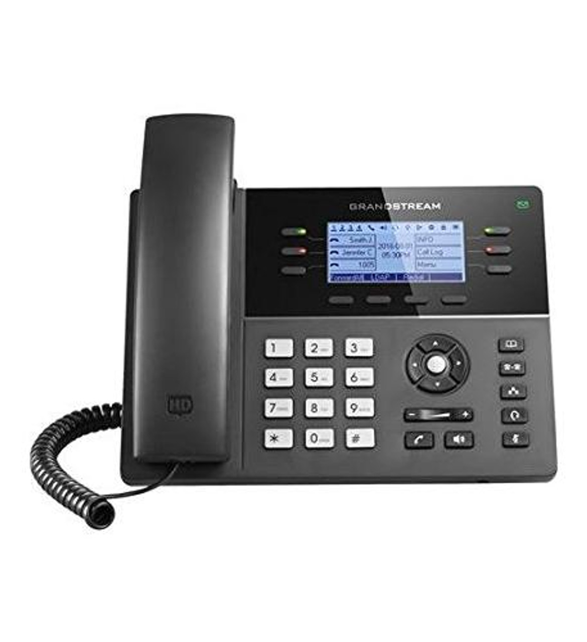 6 lines, 6 dual-color line keys (with 3 SIP accounts), 4 XML programmable context-sensitive soft keys
5-way audio conferencing for easy conference calls
24 digitally programmable & customizable BLF/fast-dial keys
Built-in USB port for importing and exporting data only
HD wideband audio, full-duplex hands-free speakerphone with advanced acoustic echo cancellation
Built-in PoE to power the devices and give it a network connection
Supports EHS compatible Plantronics’s headsets
Automated provisioning using TR-069 or AES encrypted XML configuration file
Large phonebook capacity with up to 2000 contacts and call history with up to 500 records
TLS and SRTP security encryption technology to protect calls & accounts and Kensington Security Slot support
Use with Grandstream’s UCM series IP PBX appliance for Zero-Config provisioning, 1-touch call recording & more