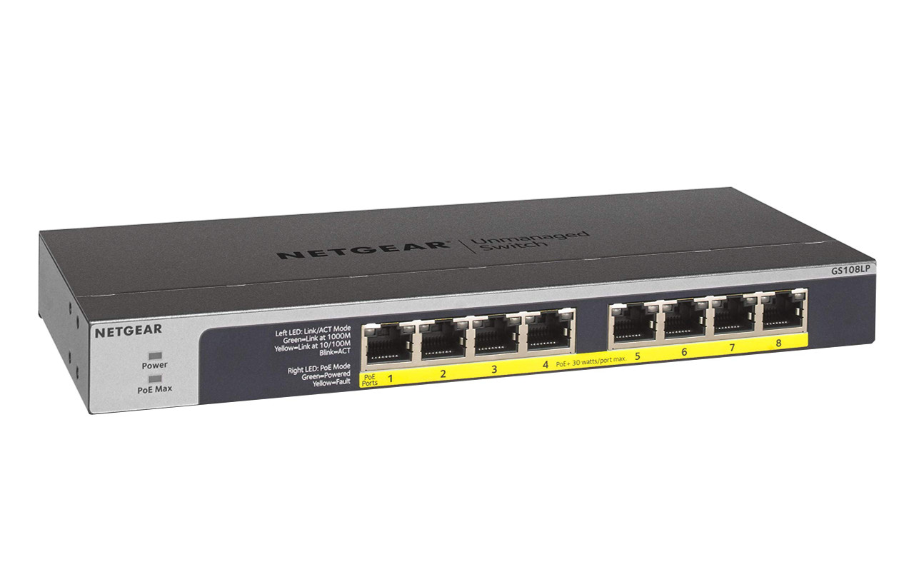 NETGEAR 8-Port Gigabit Ethernet Unmanaged PoE Switch (GS108LP) - with 8 x PoE+ @ 60W Upgradeable, Desktop, Wall Mount or Rackmount, and Limited Lifetime Protection