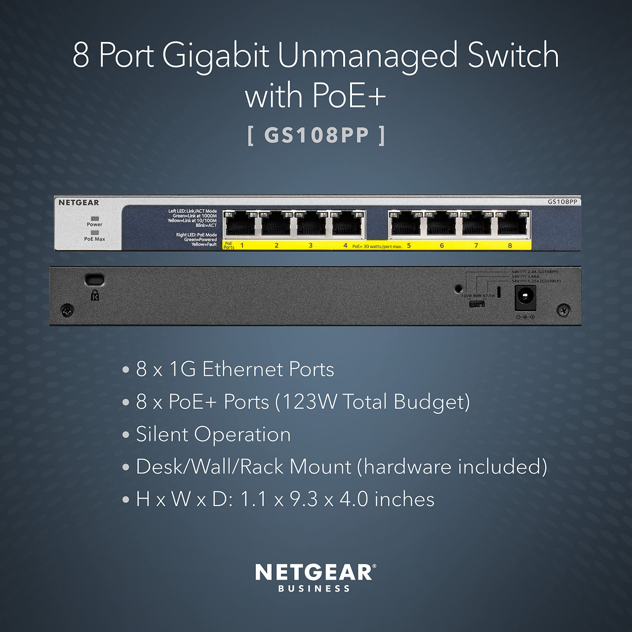 NETGEAR 8-Port Gigabit Ethernet Unmanaged PoE Switch (GS108PP) - with 8 x PoE+ @ 123W Upgradeable, Desktop, Wall Mount or Rackmount, and Limited Lifetime Protection