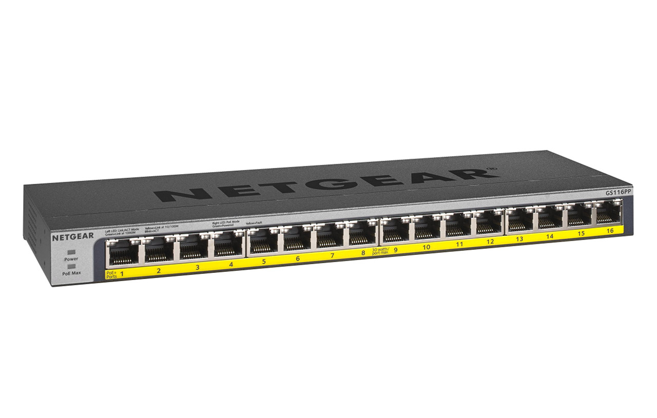 NETGEAR 16-Port Gigabit Ethernet Unmanaged PoE Switch (GS116PP) - with 16 x PoE+ @ 183W, Desktop, Wall Mount or Rackmount, and Limited Lifetime Protection