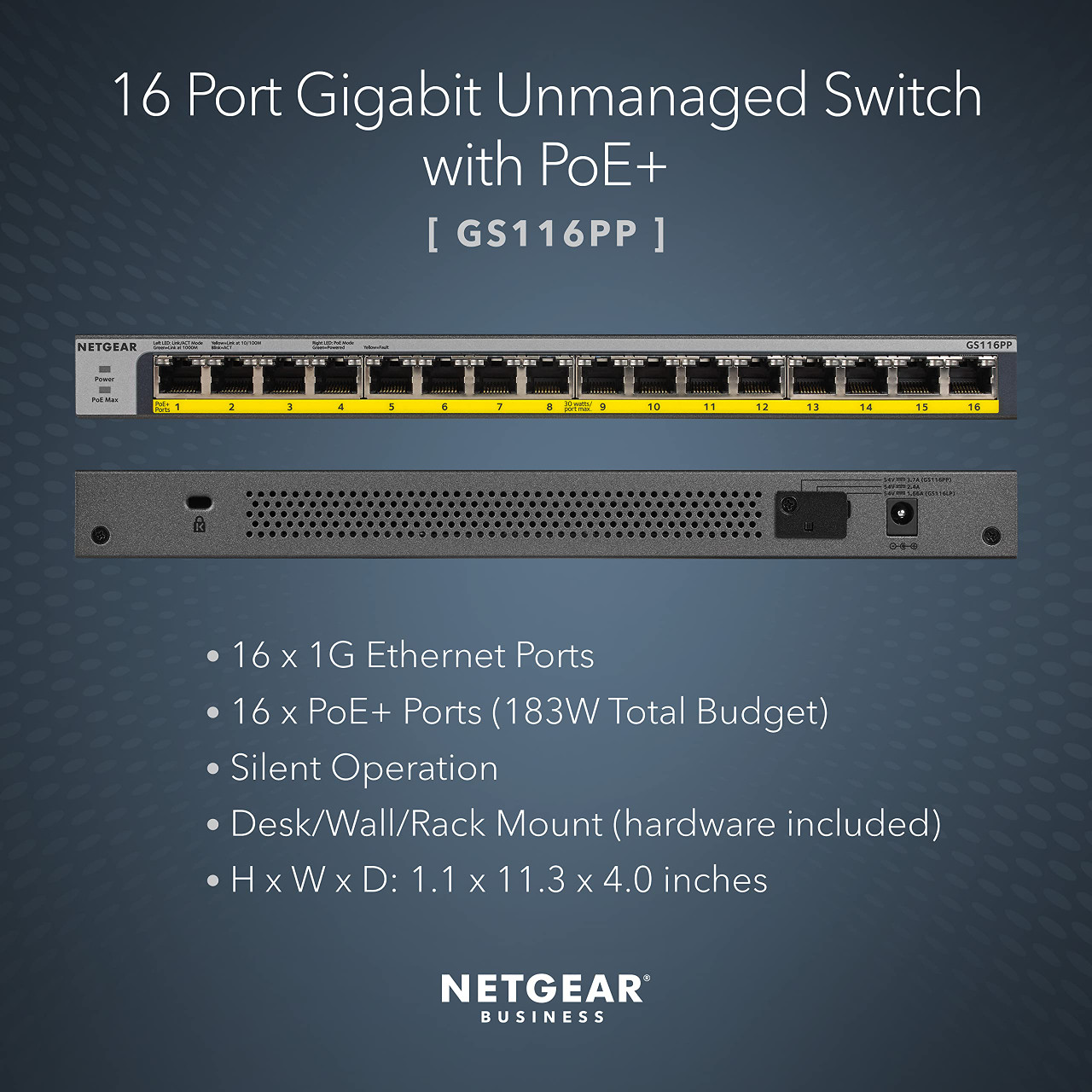 NETGEAR 16-Port Gigabit Ethernet Unmanaged PoE Switch (GS116PP) - with 16 x PoE+ @ 183W, Desktop, Wall Mount or Rackmount, and Limited Lifetime Protection