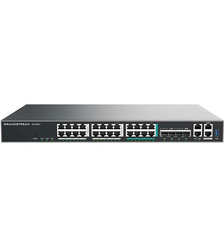 Built-in IP PBX provides voice & video communications with advanced collaboration features (PBX Upgrade options available)
Built-in enterprise-grade firewall provides anti-virus, layer 3-7 IDS/IPS, DPI, SSL detection, and more
Built-in VPN router supports 6.5Gbps or 10Gbps to allow easy remote access to private networks
Built-in network switch with 4x 10 Gigabit SFP+ ports, 8x 2.5 Gigabit ethernet ports, 16x Gigabit Ethernet ports, 8 x 2.5G PoE out ports support IEEE 802.3 af/at/bt. 16 x 1G PoE out ports support IEEE 802.3 af/at
Enhanced reliability with support for hot standby High-Availability
Easily configure, deploy, and manage all Grandstream endpoints from one central location
Provides advanced security protection with encrypted traffic, secure boot, unique security certificates, and more
Managed through the cloud (GDMS), mobile app, local WEB UI, SSH, and SNMP
Multiple WAN ports with load balancing and failover to maximize connection reliability