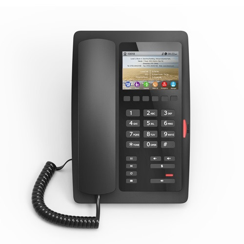 Fanvil H5 Elegant High-end Color Display Hotel Phone
The Fanvil H5 is an elegant high-end IP Phone for the hotel professional. It supports 1-SIP line and has a 3.5-inch color display.

Fanvil H5 High-end Color Hotel Phone 
Fanvil's H5 IP Phone has a contemporary appearance that fist into any modern space. It provides great voice quality and can be integrated with a vast selection of communications platforms. The H5 has six programmable soft keys that can be programmed for housekeeping, food & beverage and the like. 

Fanvil H5 Features and Specifications:
1 SIP Line
Wideband codec G.722
Full-duplex acoustic echo canceller 
Easy installation and configuration
Support for fast ethernet- 10/100 mbps network port
Support for PoE power supply
Compatible with major platforms: 3CX, Broadsoft, Elastix, Asterisk, Xorcom