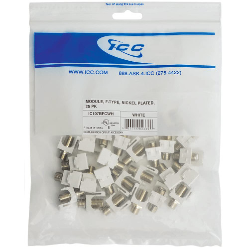 ICC 2 GHz F-Type Modular Jack with Nickel Plated Connector in HD Style, White, 25-Pack