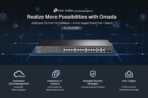 TP-Link TL-SL2428P | 24 Port Fast Ethernet Smart Managed PoE Switch | 24 PoE+ Ports @250W, w/ 4 Gigabit Ports + 2 Combo SFP Slots | Omada SDN Integrated | 5 Year Manufacturer Warranty | PoE Recovery