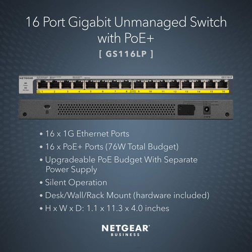 NETGEAR 16-Port Gigabit Ethernet Unmanaged PoE Switch (GS116LP) - with 16 x PoE+ @ 76W Upgradeable, Desktop, Wall Mount or Rackmount, and Limited Lifetime Protection