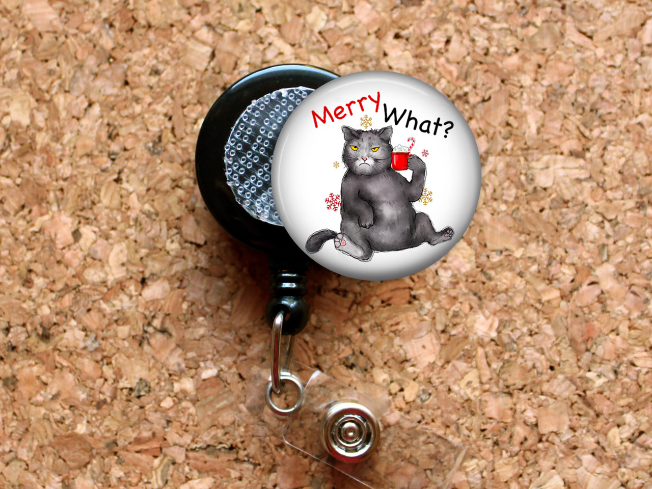 Merry What Christmas Cat Retractable ID Badge Reel, Lanyard, or