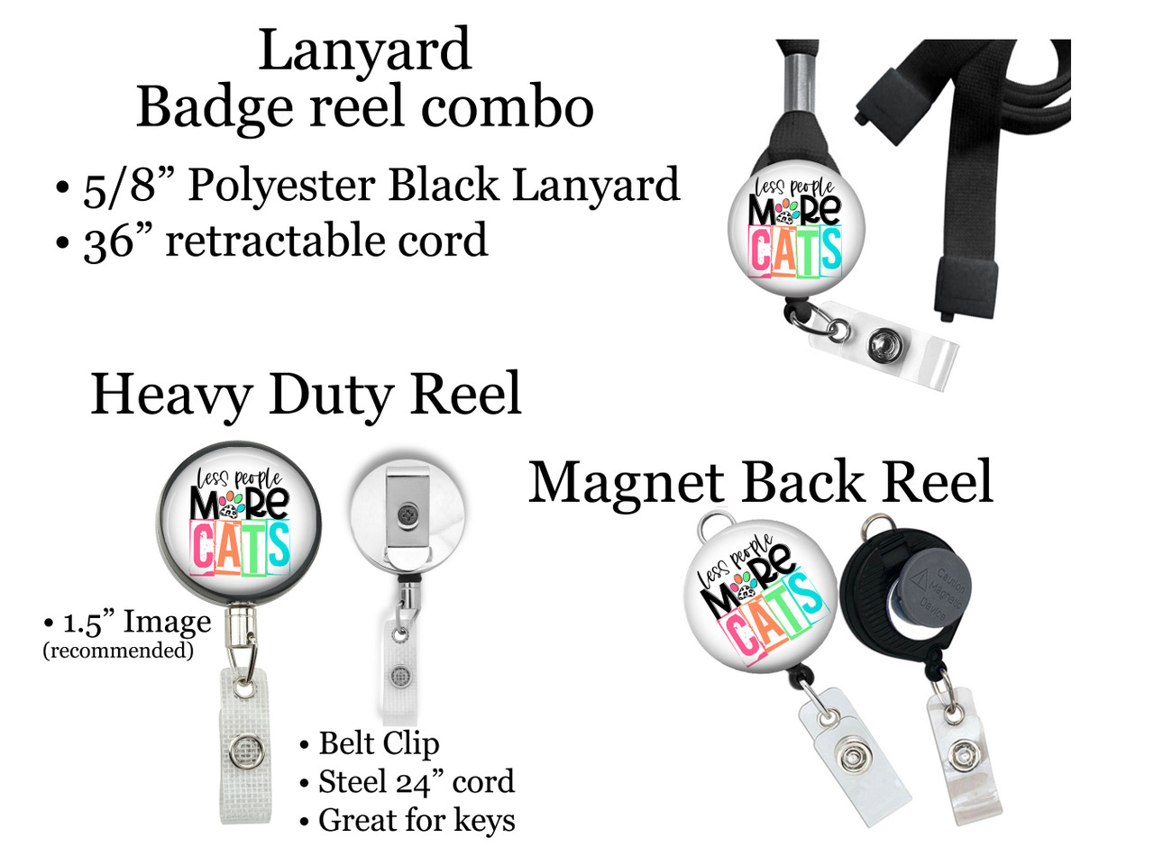 Less People More Cats Retractable ID Badge Reel, Lanyard, or Carabiner -  The Badge Patch (A Crystal Garden LLC)