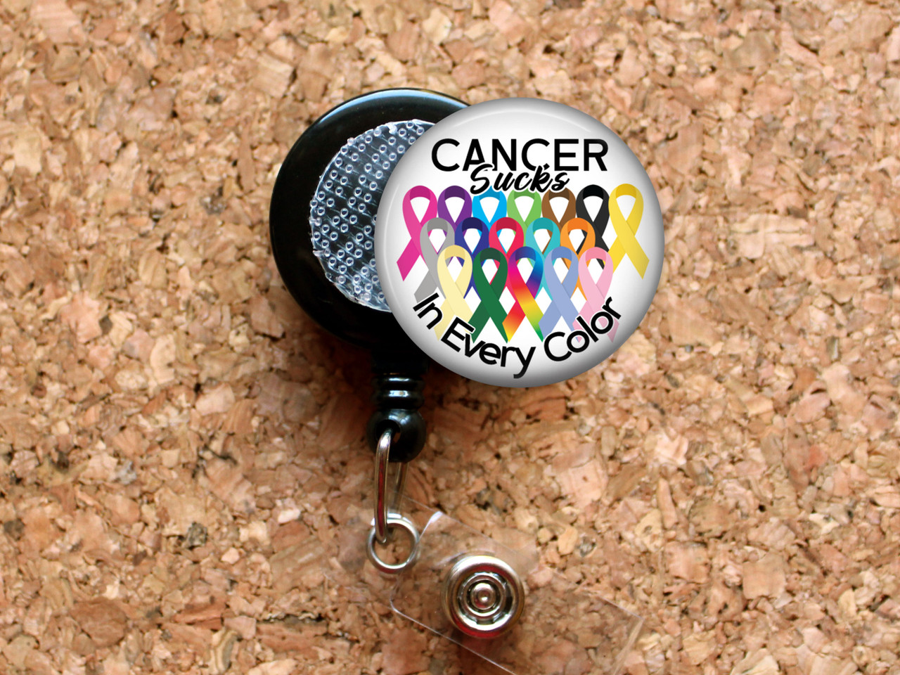Cancer Sucks in Every Color Retractable ID Badge Reel, Lanyard, or Carabiner  - The Badge Patch (A Crystal Garden LLC)
