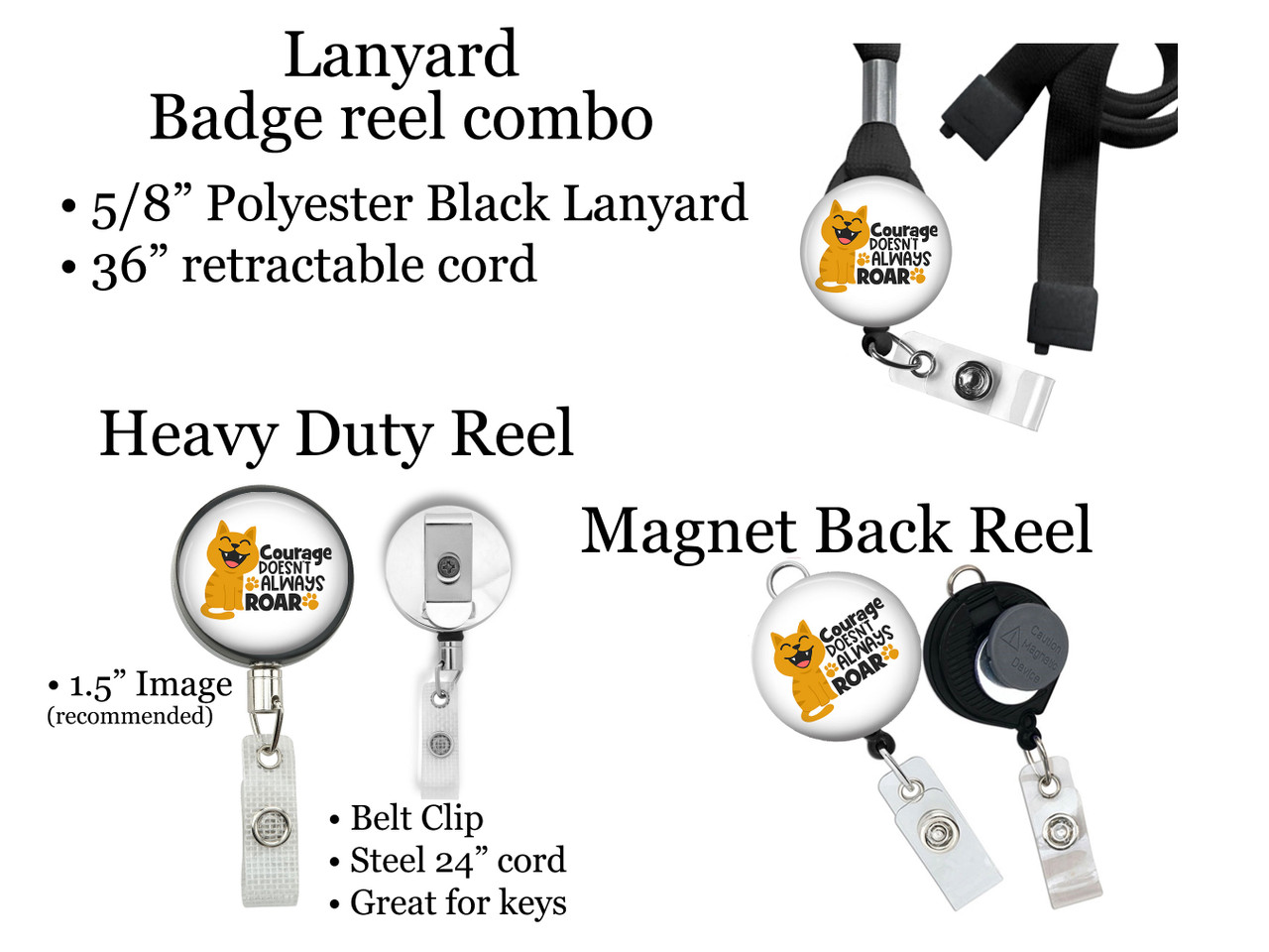 Cat Courage Doesn't Always Roar Retractable ID Badge Reel, Lanyard, or  Carabiner - The Badge Patch (A Crystal Garden LLC)