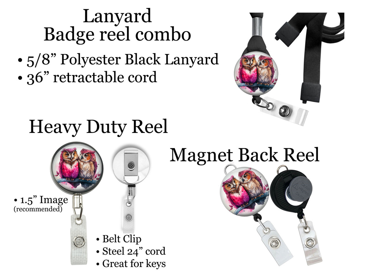 Owls Retractable ID Badge Reel, Lanyard, or Carabiner