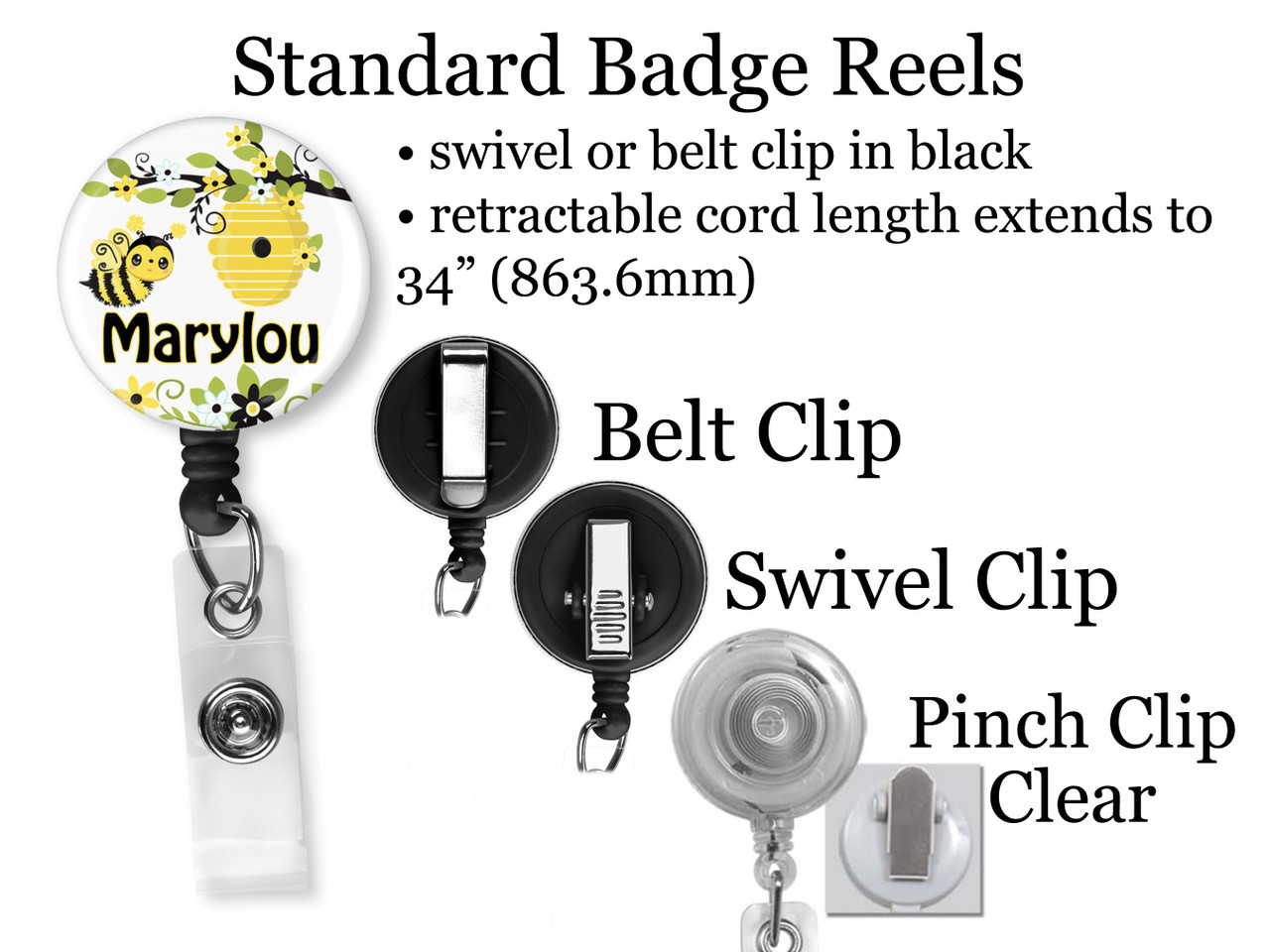 Personalized Bee Retractable ID Badge Reel, Lanyard, or Carabiner
