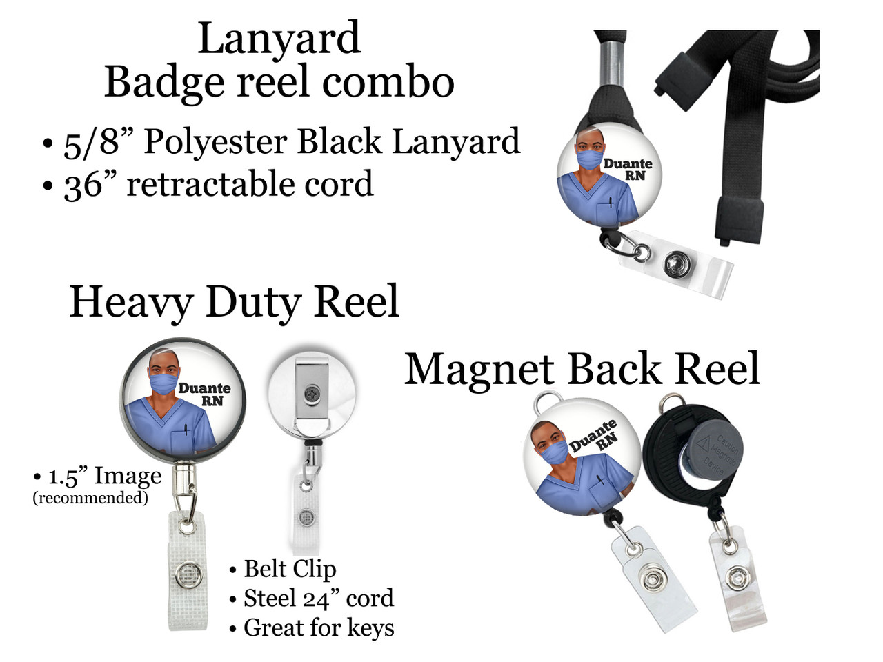 Black Male Nurse Retractable ID Badge Reel, Lanyard, or Carabiner (6  Designs, 8 Scrub Colors)